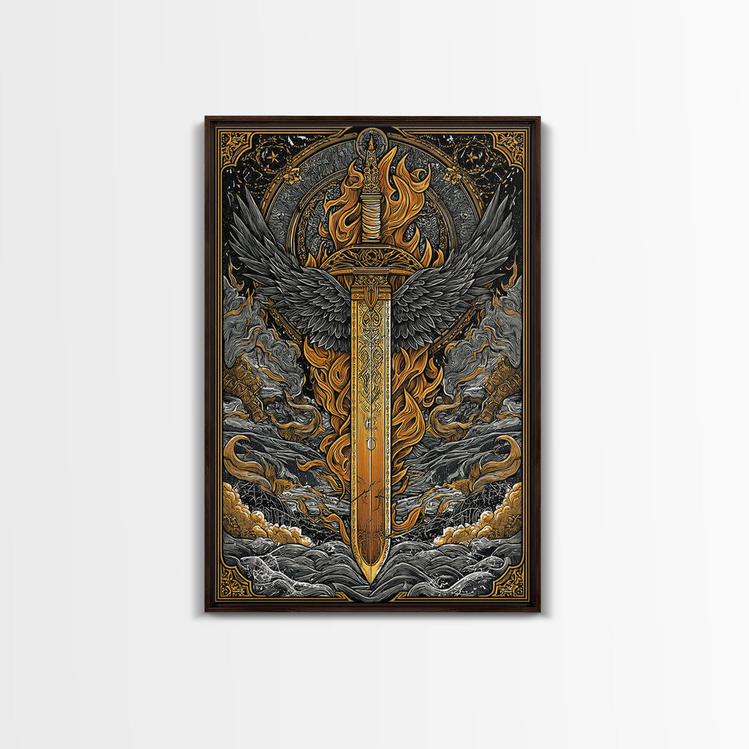 Valkyrie Sword Canvas Gold Art Canvas Art | Norse Mythology Weapon Wall Decor Viking Warrior Art | Mounted in Solid Wood Frame