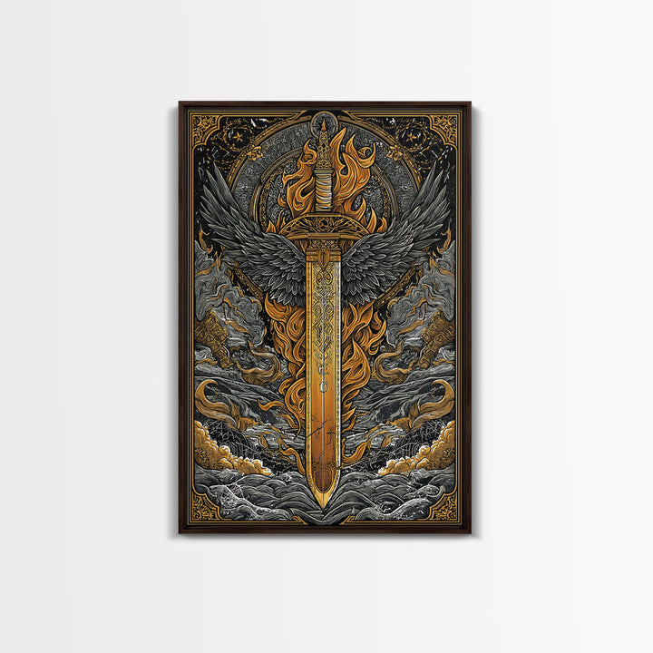 Valkyrie Sword Canvas Gold Art Canvas Art | Norse Mythology Weapon Wall Decor Viking Warrior Art | Mounted in Solid Wood Frame