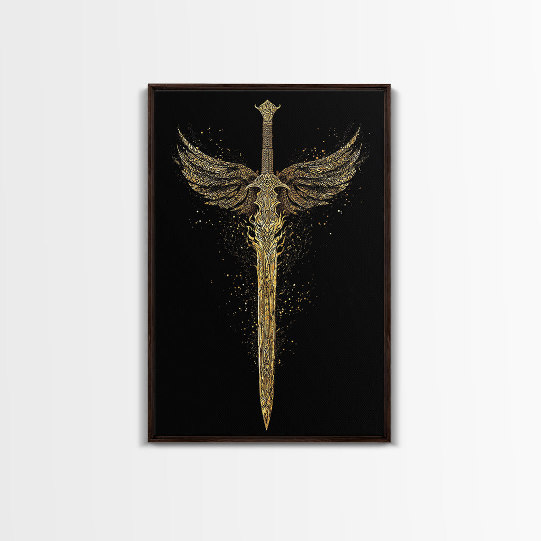 Norse Angelic Sword Canvas Gold Art Canvas Art | Viking Warrior Weapon Wall Art Dad Gift | Mounted with Solid Natural Wood Frame