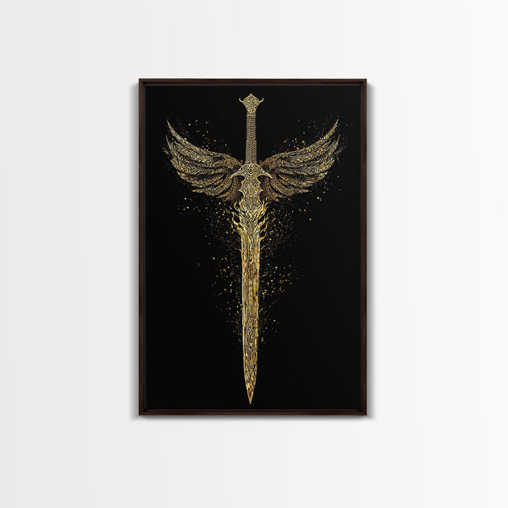 Norse Angelic Sword Canvas Gold Art Canvas Art | Viking Warrior Weapon Wall Art Dad Gift | Mounted with Solid Natural Wood Frame