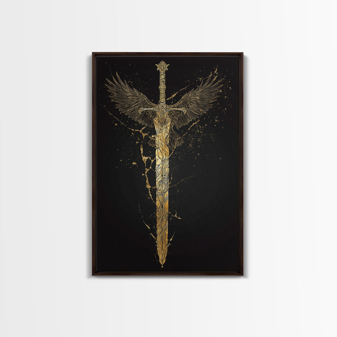 Mythic Sword of Odin Canvas Gold Art Canvas Art | Norse Viking Weapon Wall Decor Pagan Symbol | Office Art in Real Wood Framing