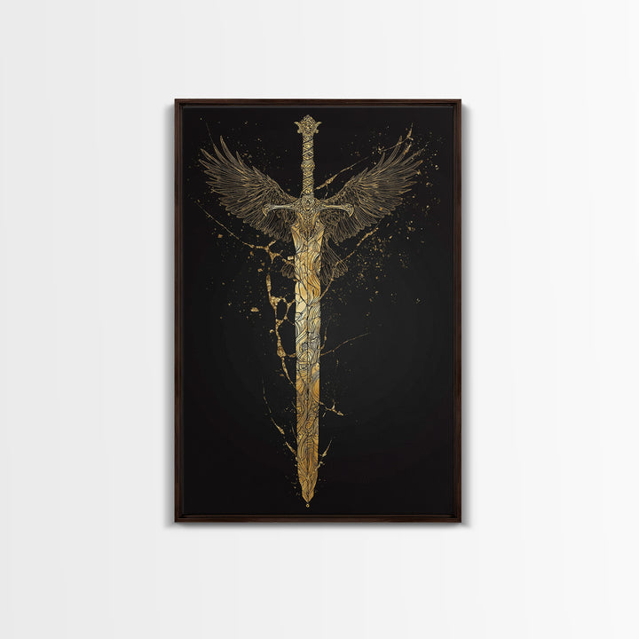 Mythic Sword of Odin Canvas Gold Art Canvas Art | Norse Viking Weapon Wall Decor Pagan Symbol | Office Art in Real Wood Framing