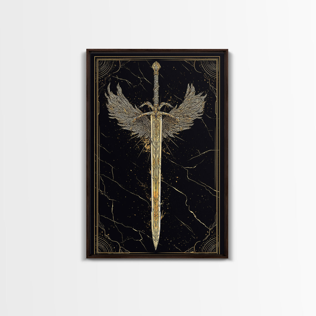Winged Blade Canvas Gold Art Canvas Art | Norse Mythology Sword Wall Art Pagan Decor Dad Gift | Natural Wood Frame for Office