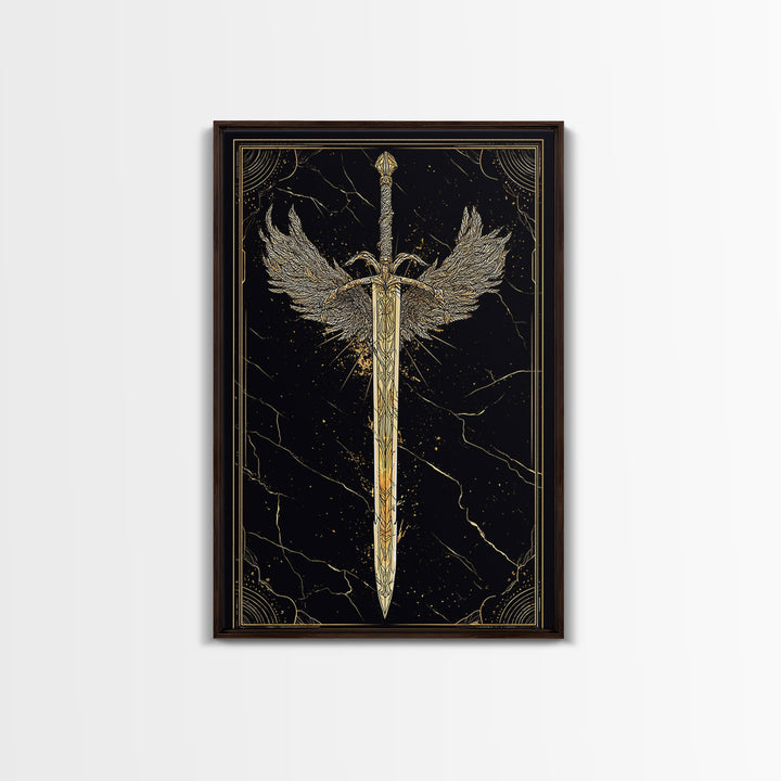 Winged Blade Canvas Gold Art Canvas Art | Norse Mythology Sword Wall Art Pagan Decor Dad Gift | Natural Wood Frame for Office
