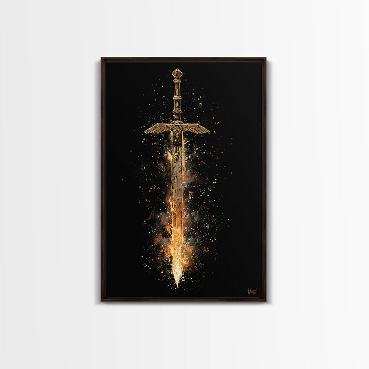Fiery Sword of the Gods Canvas Gold Art Canvas Art | Viking Weapon Wall Decor Norse Mythology Art | Framed in Authentic Wood