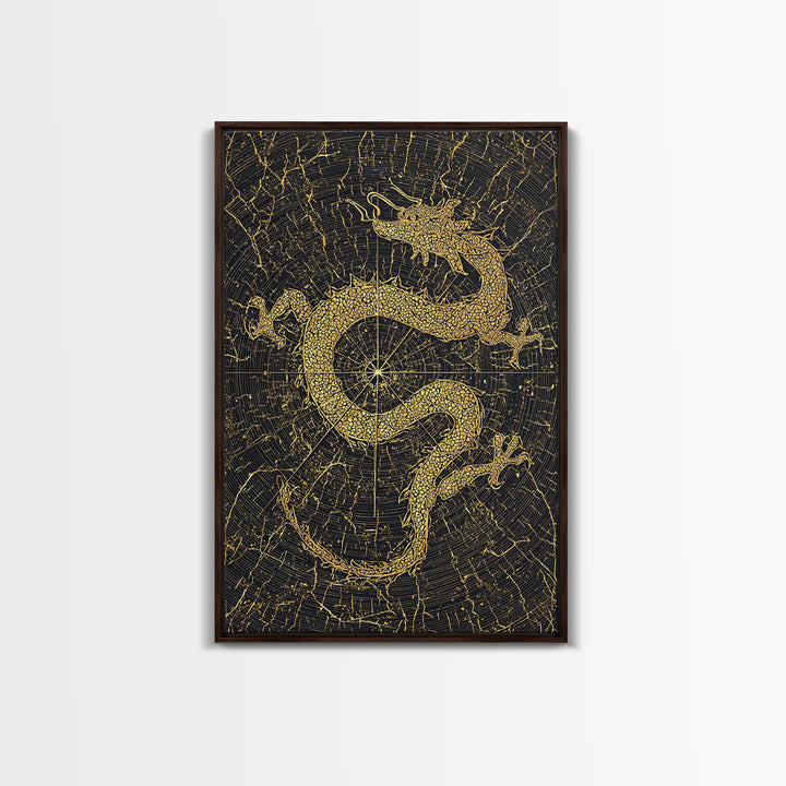 Dragon of Midgard Canvas Gold Art Canvas Art | Norse Mythology Serpent Jormungandr Wall Decor | Office Art with Real Wood Frame