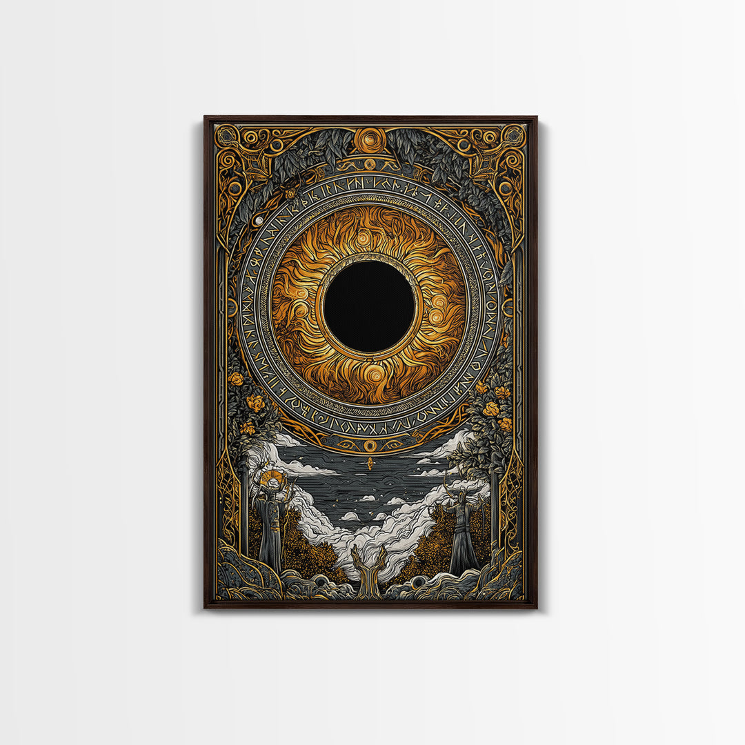 Solar Eclipse Nordic Canvas Gold Art Canvas Art | Viking Pagan Wall Decor Mythology Office Art | Mounted in Solid Natural Wood
