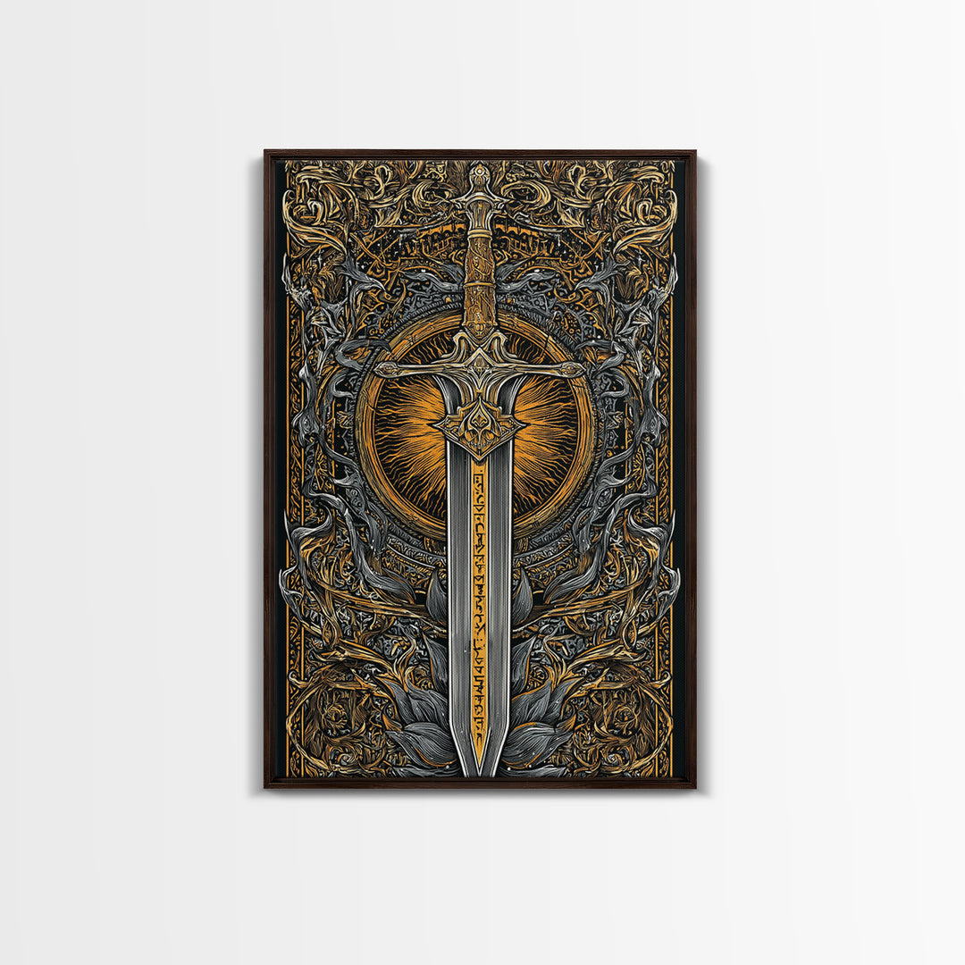 Sword of Asgard Canvas Gold Art Canvas Art | Norse Mythology Warrior Weapon Wall Decor for Dad Gift | Framed with Real Wood