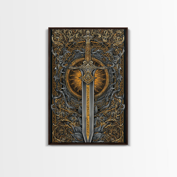 Sword of Asgard Canvas Gold Art Canvas Art | Norse Mythology Warrior Weapon Wall Decor for Dad Gift | Framed with Real Wood