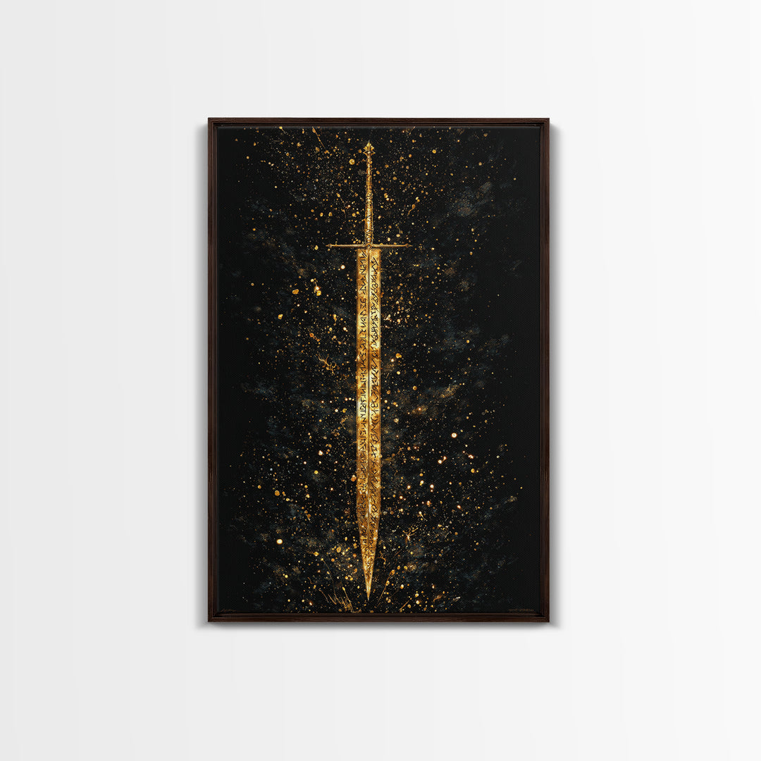 Runic Viking Sword Canvas Gold Art Canvas Art | Norse Mythology Weapon Wall Art Pagan Symbol Decor | Natural Wood Frame Included