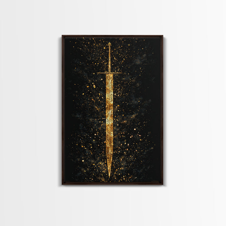 Runic Viking Sword Canvas Gold Art Canvas Art | Norse Mythology Weapon Wall Art Pagan Symbol Decor | Natural Wood Frame Included