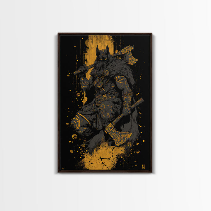 Odin’s Wolf Warrior Canvas Gold Art Canvas Art | Nordic Viking God Wall Decor for Man Cave or Office | Set in Solid Wood Frame