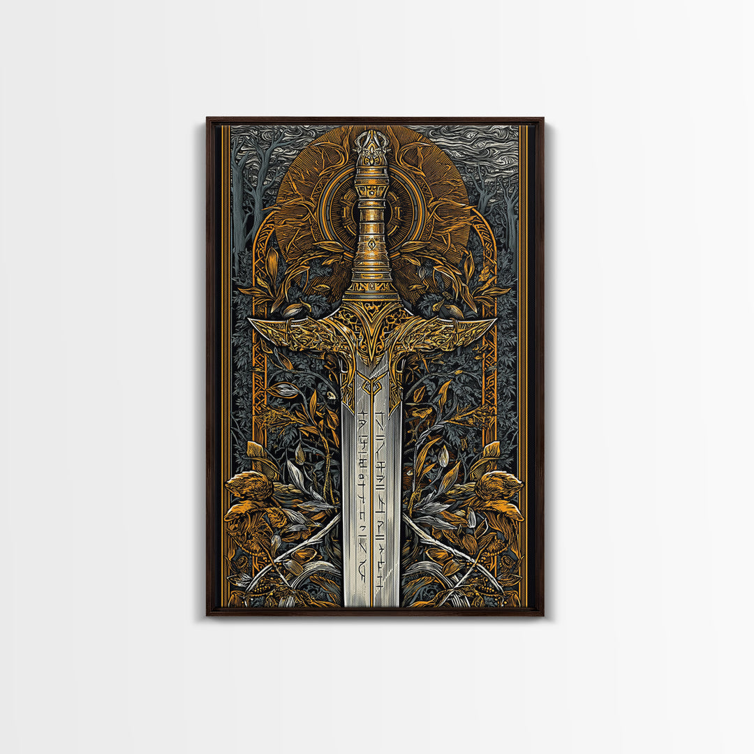 Nordic Forest Sword Canvas Gold Art Canvas Art | Viking Mythology Decor Pagan Warrior Weapon Wall Art | Mounted with Wood Frame