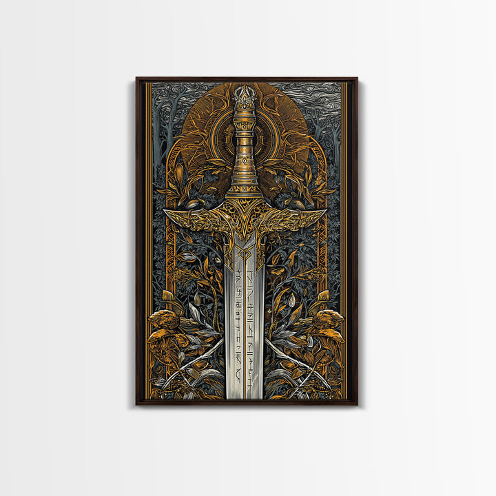 Nordic Forest Sword Canvas Gold Art Canvas Art | Viking Mythology Decor Pagan Warrior Weapon Wall Art | Mounted with Wood Frame