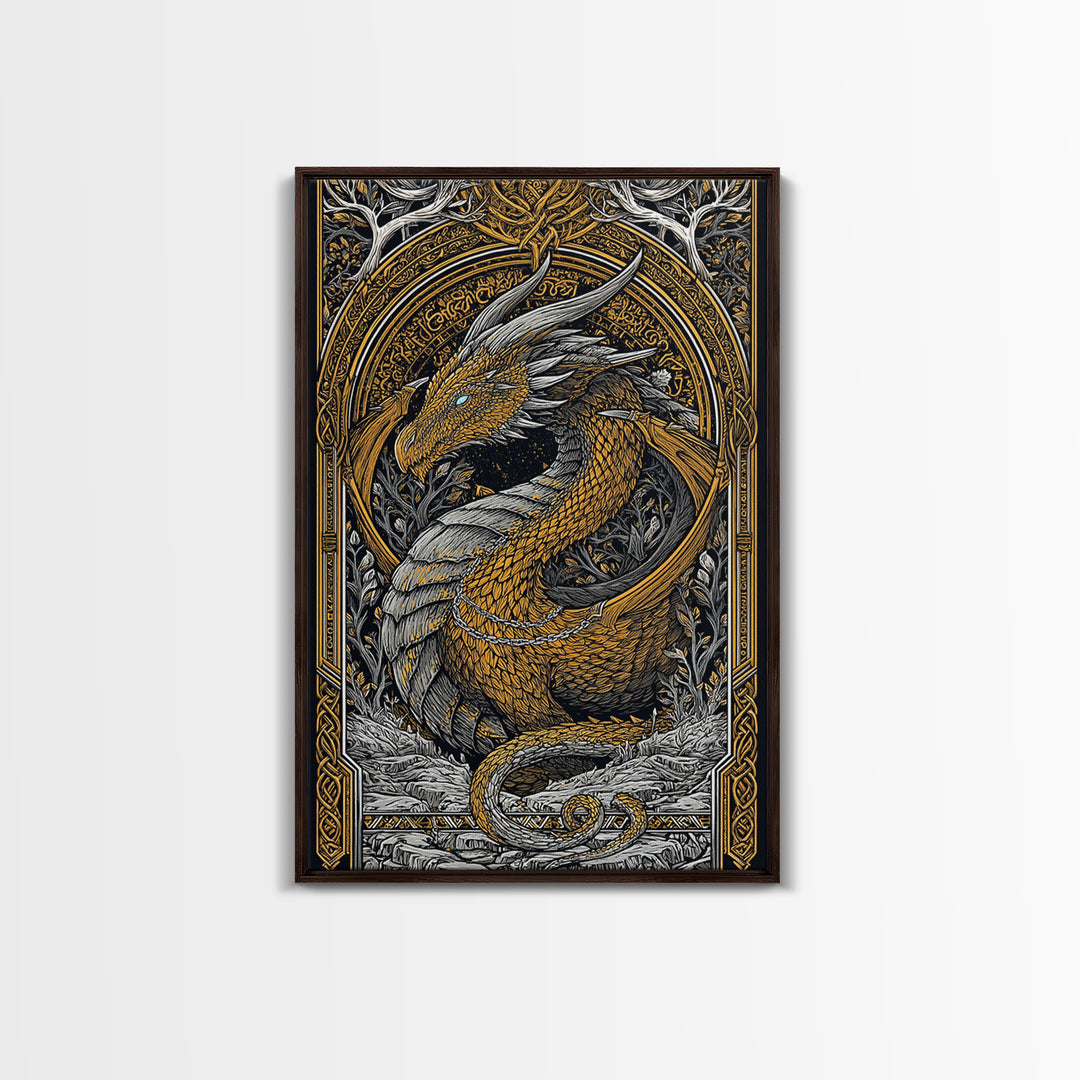 Nordic Dragon Canvas Gold Art Canvas Art | Viking Mythology Wall Decor for Dad Gift or Office Art | With Natural Wood Frame