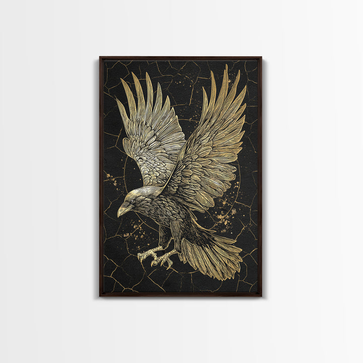 Odin’s Raven Canvas Gold Art Canvas Art | Viking Mythology Wall Decor for Office or Dad Gift | Framed with Solid Wood