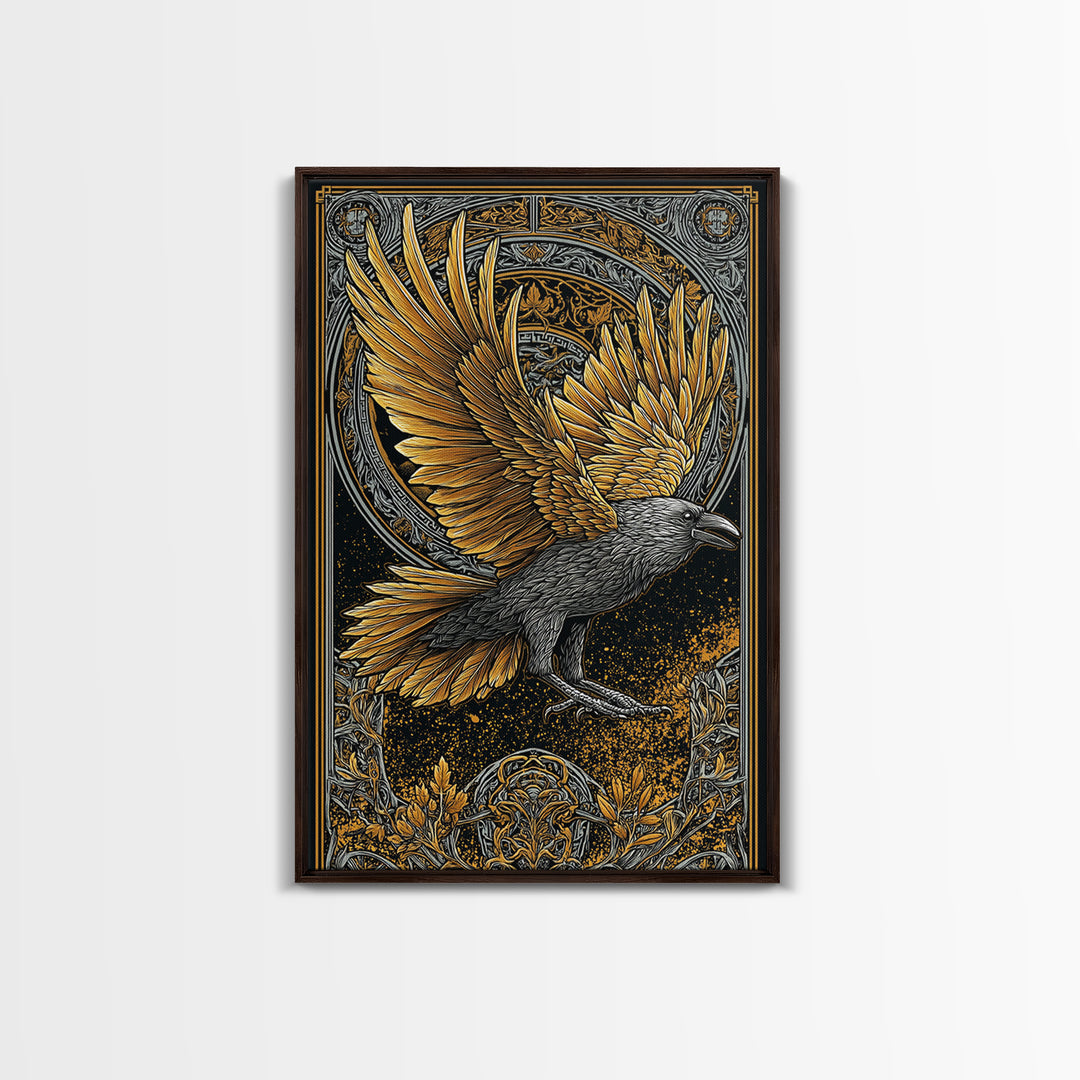 Huginn and Muninn Raven Canvas Gold Art Canvas Art | Norse Mythology Wall Hanging for Man Cave Decor | Real Wood Frame Included