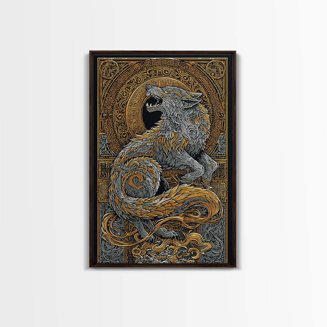 Fenrir Wolf Canvas Gold Art Canvas Art | Norse Mythology Viking Wolf Wall Decor for Dad Gift or Office Art | Real Wood Frame