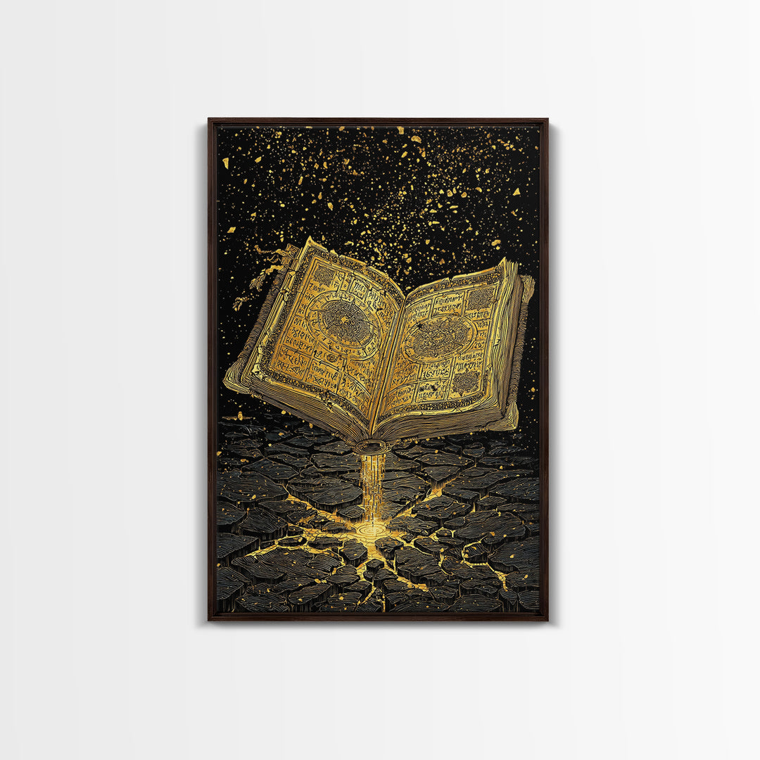 Nordic Spellbook Canvas Gold Art Canvas Art | Viking Runes Mythology Wall Decor for Man Cave or Office | Framed with Wood