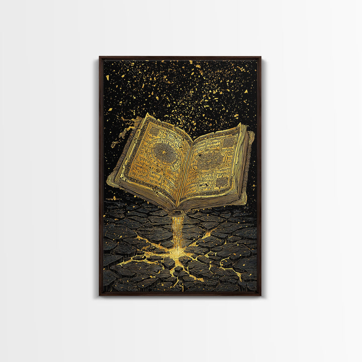 Nordic Spellbook Canvas Gold Art Canvas Art | Viking Runes Mythology Wall Decor for Man Cave or Office | Framed with Wood