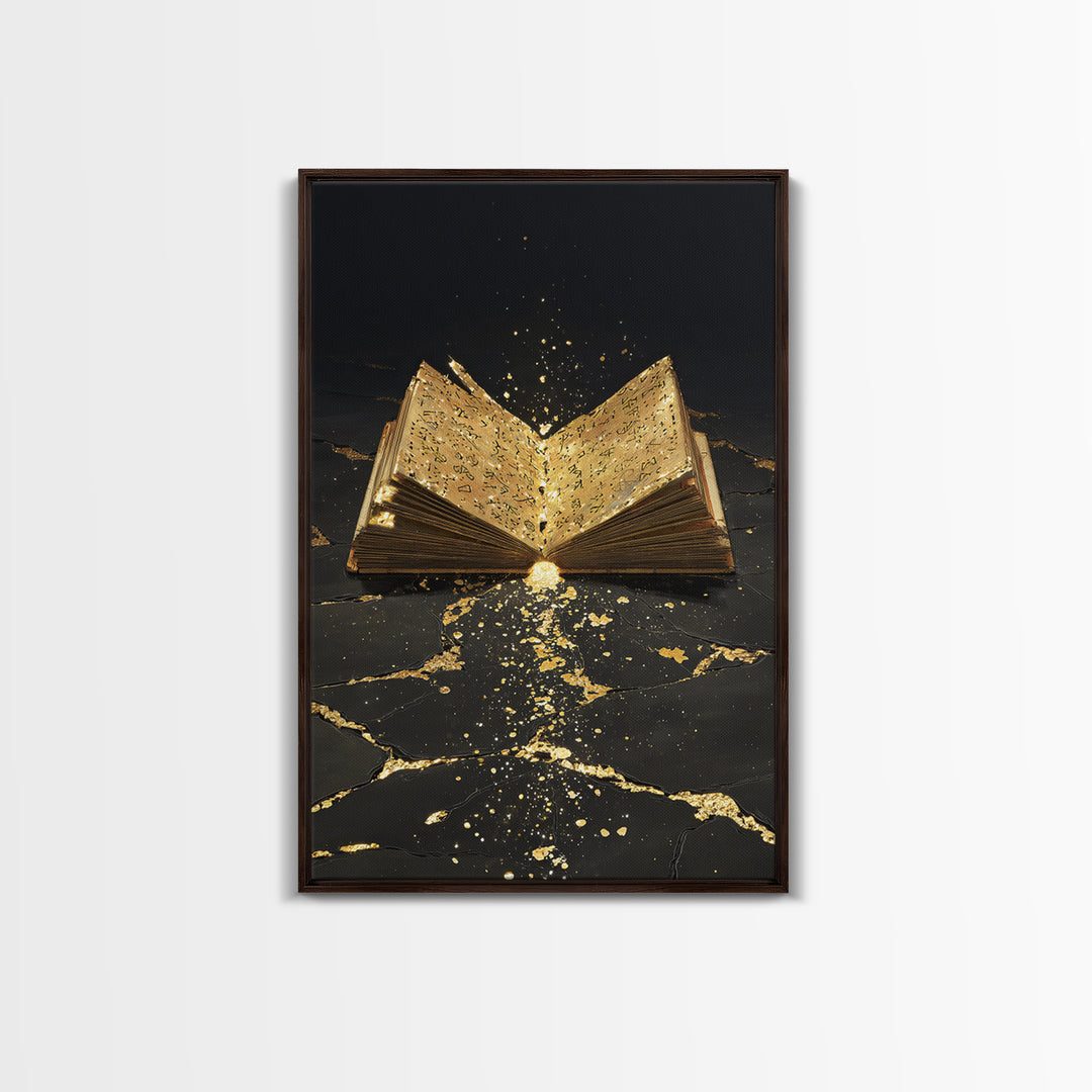 Ancient Rune Book Canvas Gold Art Canvas Art | Norse Mythology Viking Decor for Office Art or Man Cave | Natural Wood Framing