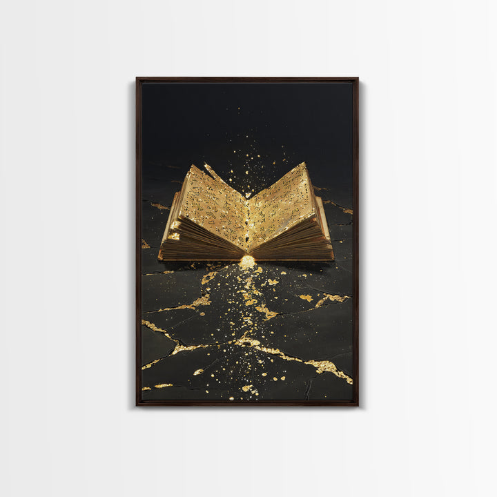 Ancient Rune Book Canvas Gold Art Canvas Art | Norse Mythology Viking Decor for Office Art or Man Cave | Natural Wood Framing