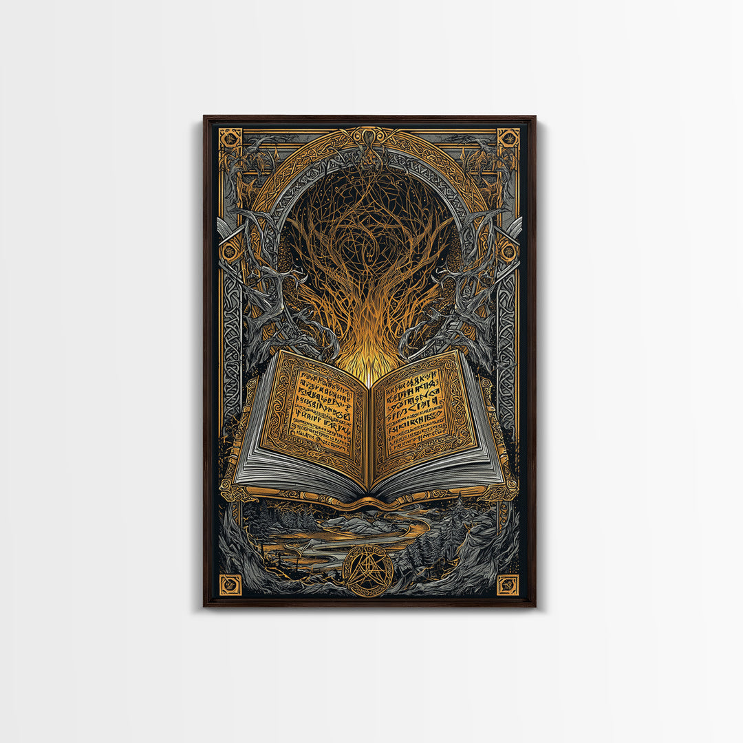 Viking Grimoire Canvas Gold Art Canvas Art | Norse Mythology Rune Book Wall Decor for Dad Gift or Study | Framed in Real Wood