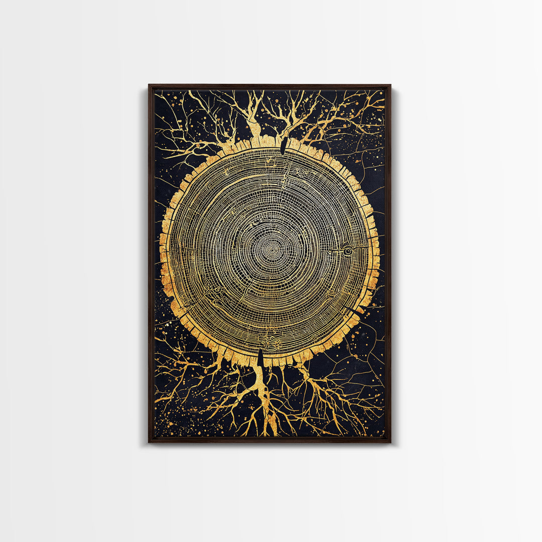 Canvas Gold Art of Yggdrasil Inspired Tree Rings, Norse Mythology Canvas Art for Dad Gift or Study, handcrafted real wood frame