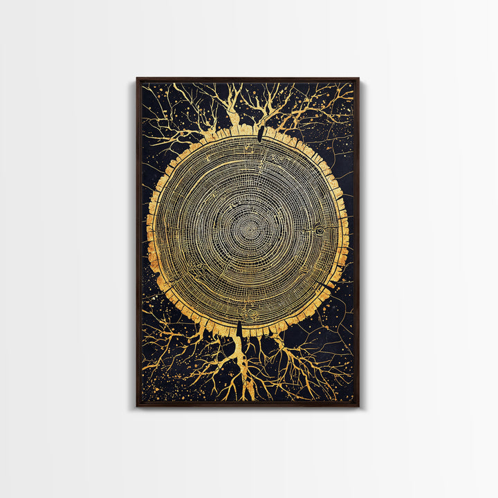 Canvas Gold Art of Yggdrasil Inspired Tree Rings, Norse Mythology Canvas Art for Dad Gift or Study, handcrafted real wood frame