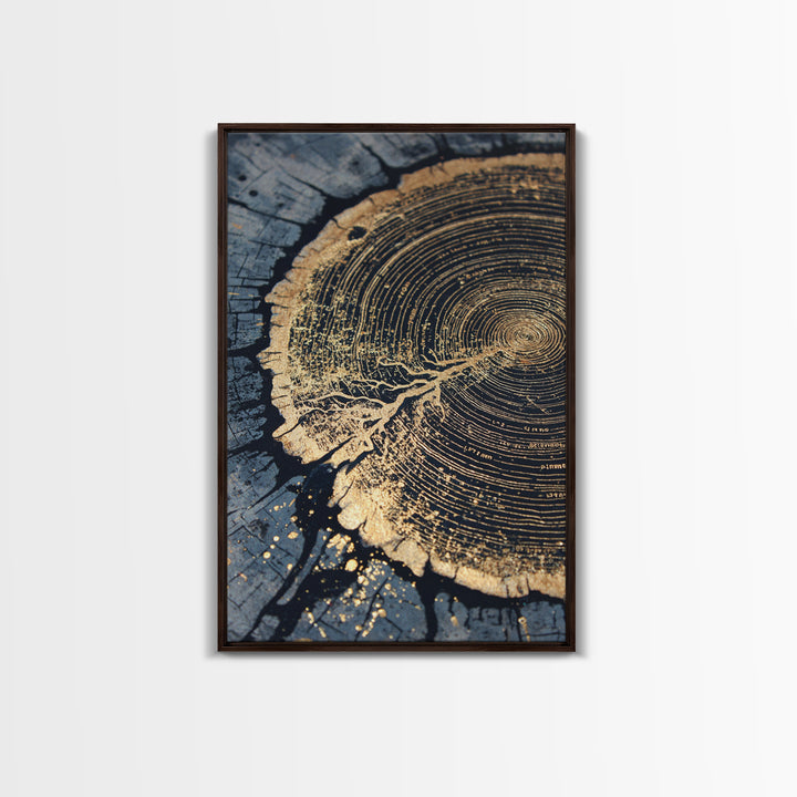 Odin’s Yggdrasil Tree Ring Canvas Gold Art, Nordic Mythology Canvas Art for Man Cave or Office, framed in natural real wood