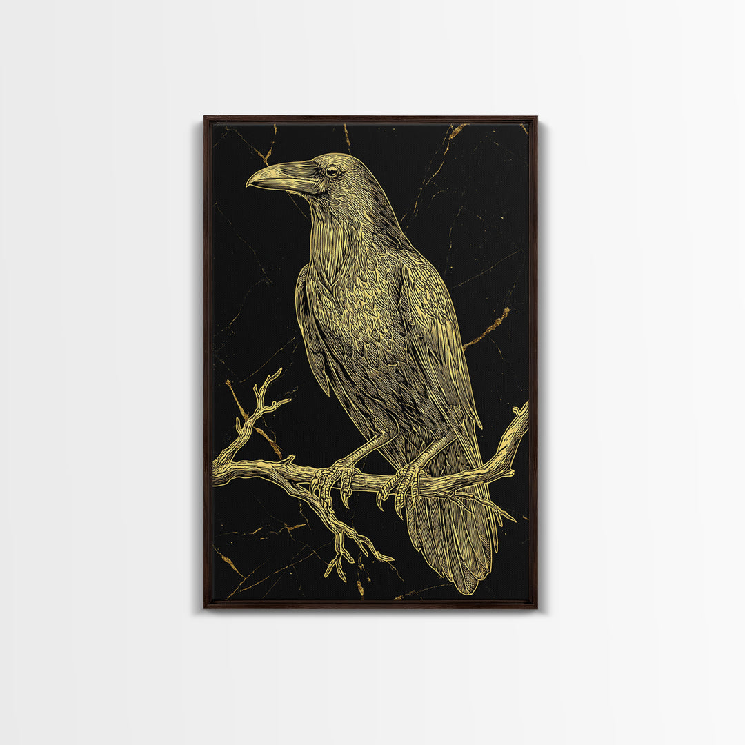 Raven Canvas Gold Art Wall Decor, Huginn and Muninn Inspired Norse Mythology Canvas Art for Office or Man Cave, in real wood frame