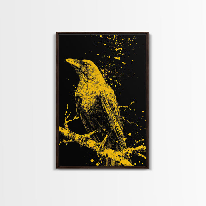 Nordic Mythology Raven Canvas Gold Art, Odin’s Huginn Raven Canvas Art for Dad Gift, Office or Study, framed with natural wood