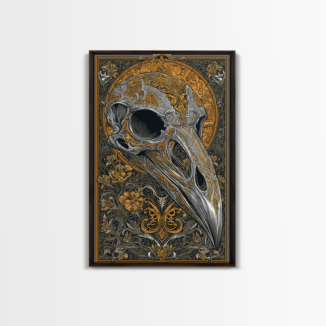 Norse Crow Skull Canvas Gold Art, Nordic Mythology Canvas Art for Man Cave or Office, framed in handcrafted real wood frame