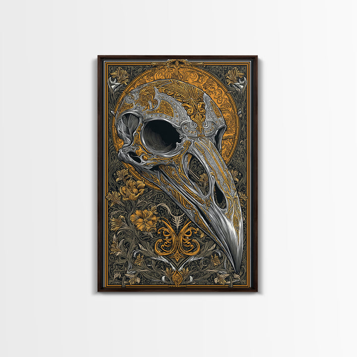 Norse Crow Skull Canvas Gold Art, Nordic Mythology Canvas Art for Man Cave or Office, framed in handcrafted real wood frame