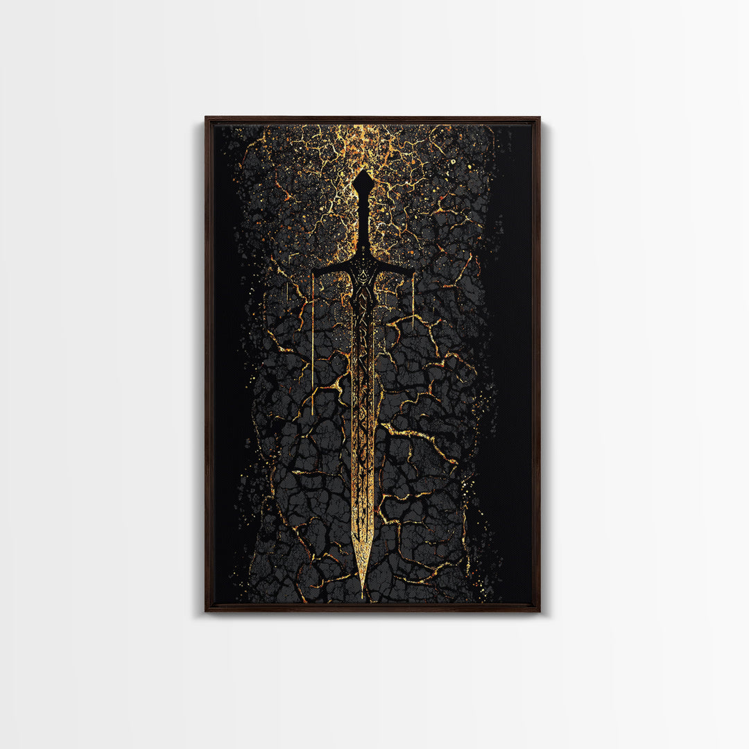 Viking Sword Canvas Gold Art, Norse Mythology Canvas Art Wall Decor for Dad Gift, Office or Study, framed with natural real wood