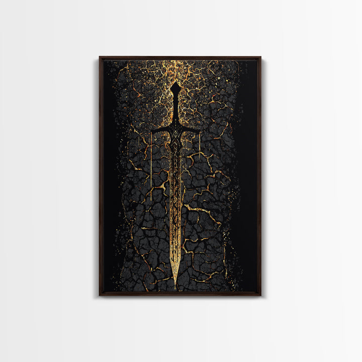 Viking Sword Canvas Gold Art, Norse Mythology Canvas Art Wall Decor for Dad Gift, Office or Study, framed with natural real wood