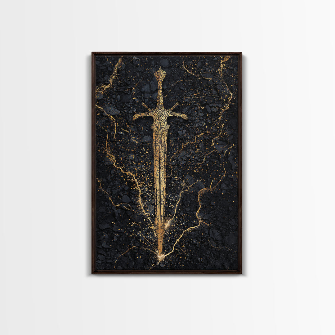 Nordic Sword of Legends Canvas Gold Art, Norse Mythology Inspired Canvas Art for Man Cave or Office, with real wood frame