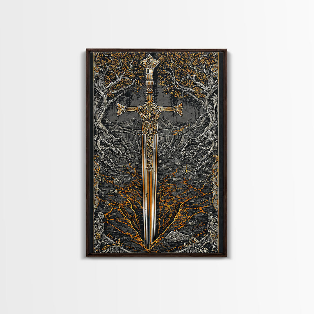 Yggdrasil Sword Canvas Gold Art, Nordic Mythology Canvas Art for Office or Dad Gift, handcrafted and framed in real natural wood