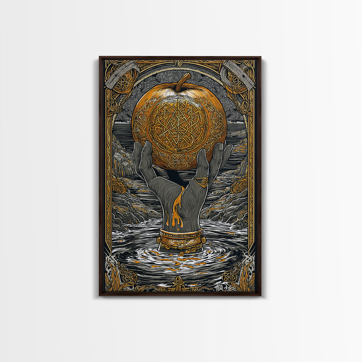 Mythic Apple Offering Canvas Gold Art Canvas Art | Nordic God Wall Art Pagan Symbol Decor | Office or Man Cave | Wood Frame