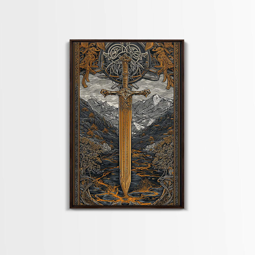 Norse Saga Sword Canvas Gold Art, Viking Inspired Canvas Art for Man Cave or Office, Nordic Mythology Wall Decor in real wood frame