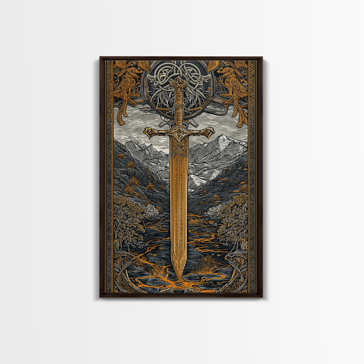 Norse Saga Sword Canvas Gold Art, Viking Inspired Canvas Art for Man Cave or Office, Nordic Mythology Wall Decor in real wood frame