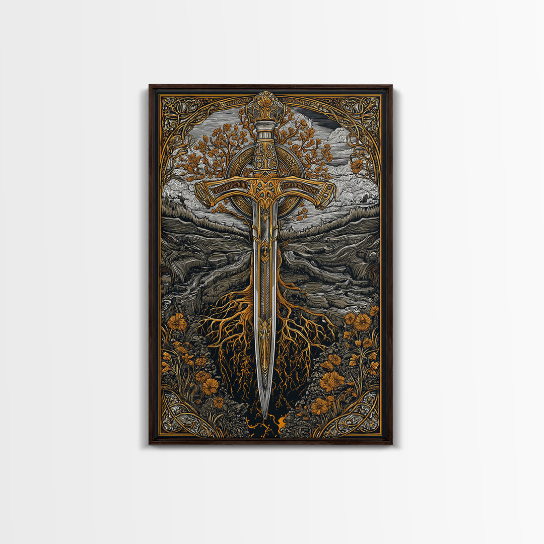 Nordic Sword of Yggdrasil Canvas Gold Art Canvas Art | Viking Mythology Wall Decor for Man Cave or Office | Framed in Real Wood