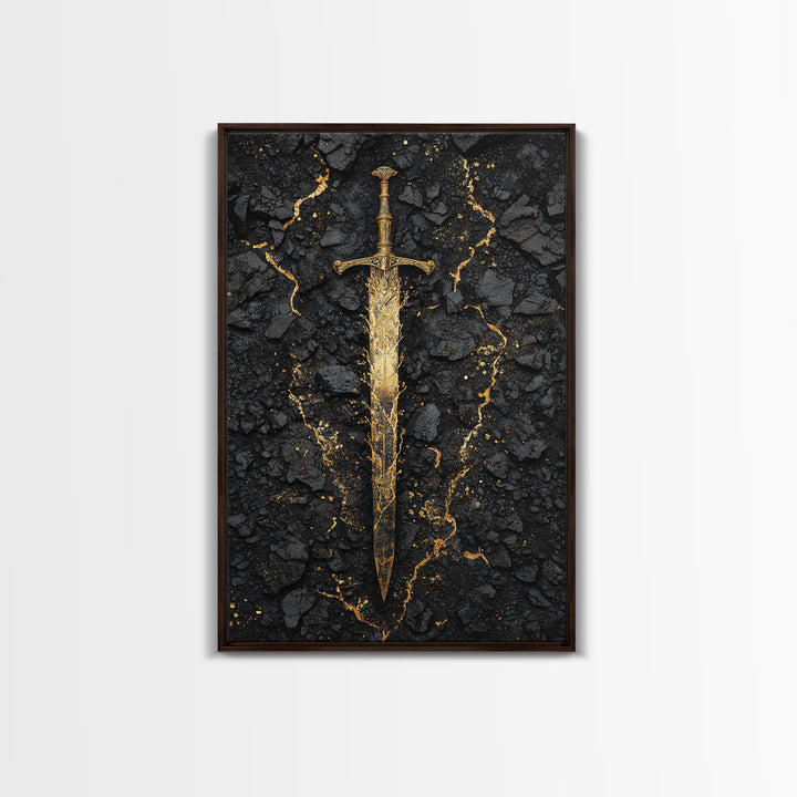 Ancient Viking Sword Canvas Gold Art Canvas Art | Norse Mythology Weapon Wall Decor Office Art Dad Gift | Mounted in Natural Wood