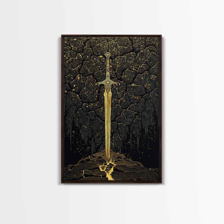 Cracked Earth Viking Blade Canvas Gold Art Canvas Art | Norse Mythology Wall Decor for Office or Man Cave | Framed with Real Wood