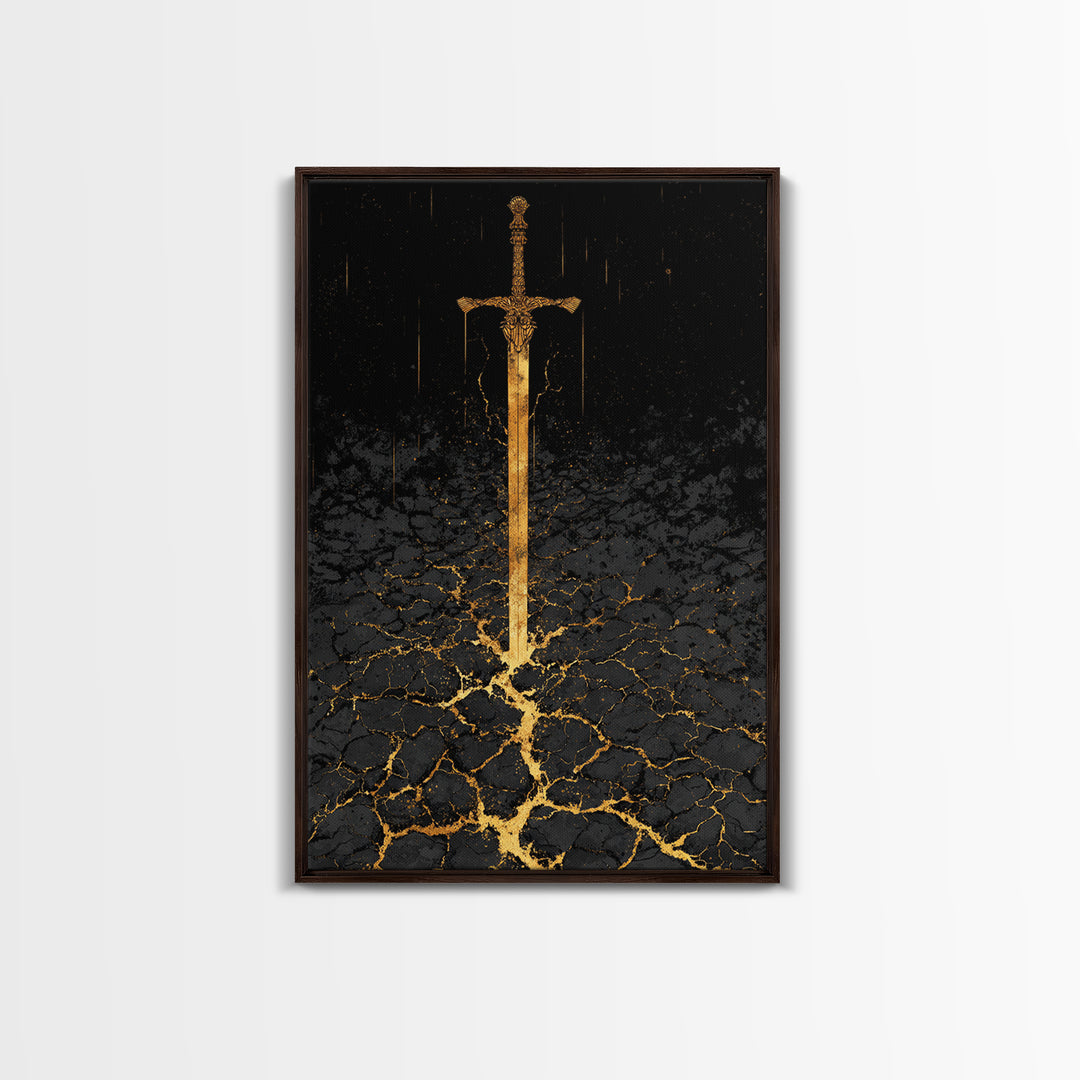 Norse Warrior Sword Canvas Gold Art Canvas Art | Viking Mythology Weapon Wall Decor Dad Gift | Office Art with Natural Wood Frame
