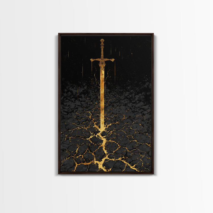 Norse Warrior Sword Canvas Gold Art Canvas Art | Viking Mythology Weapon Wall Decor Dad Gift | Office Art with Natural Wood Frame