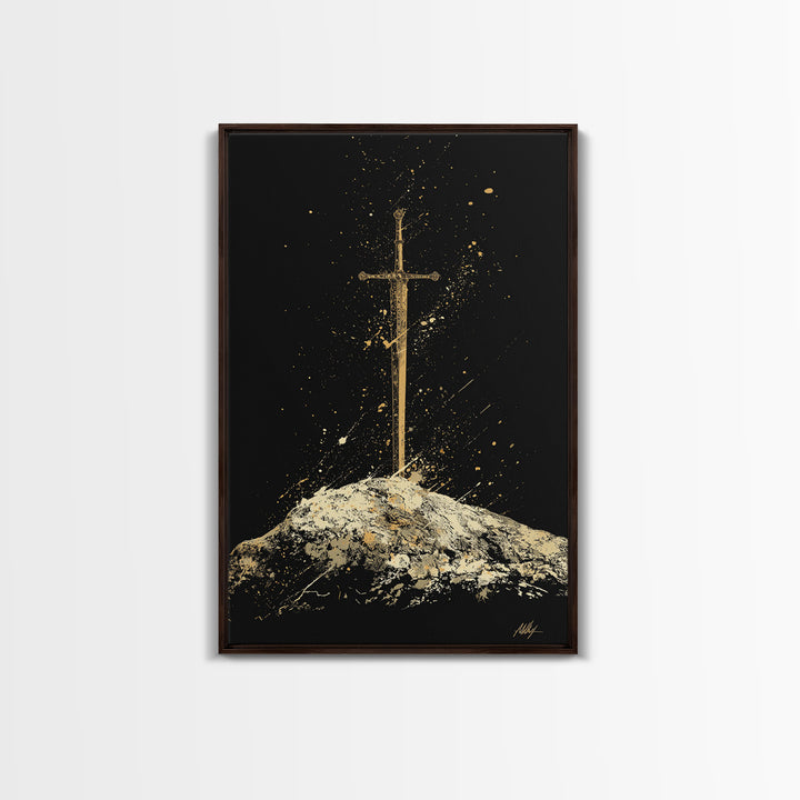 Sword in Stone Canvas Gold Art Canvas Art | Nordic Mythology Viking Weapon Wall Decor Office Art | Framed in Authentic Real Wood