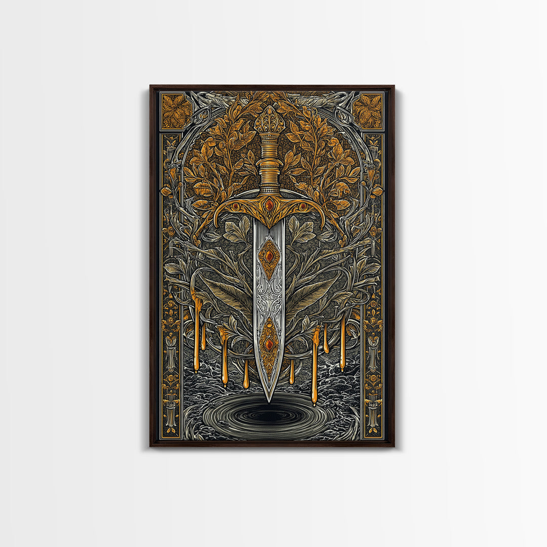 Golden Rune Sword Canvas Gold Art Canvas Art | Viking Mythology Weapon Wall Decor for Dad Gift | Office or Man Cave in Real Wood Frame