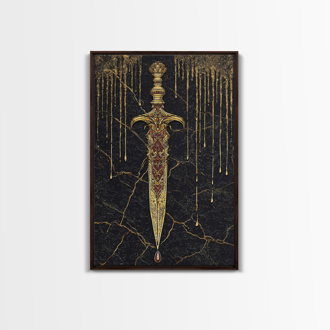Norse Royal Dagger Canvas Gold Art Canvas Art | Viking Weapon Mythology Wall Decor Office Art | Framed with Solid Natural Wood