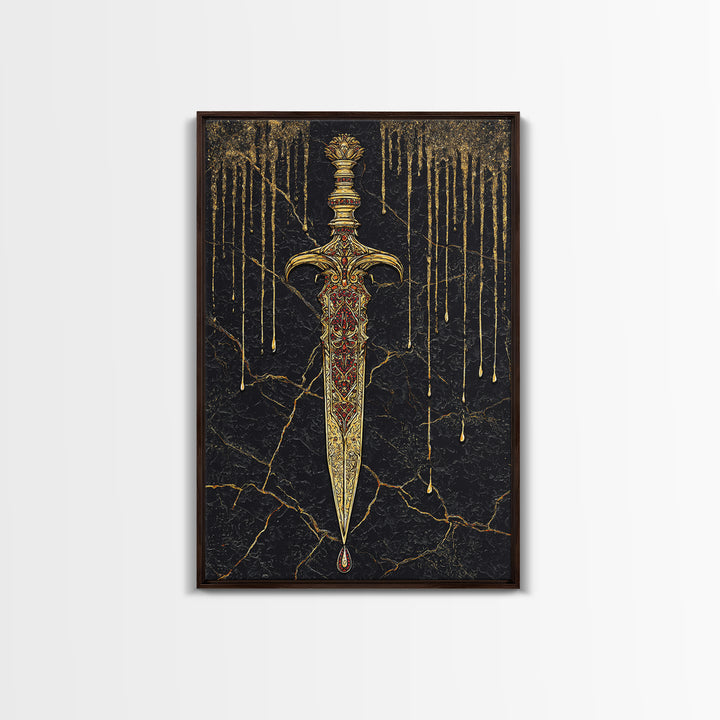 Norse Royal Dagger Canvas Gold Art Canvas Art | Viking Weapon Mythology Wall Decor Office Art | Framed with Solid Natural Wood